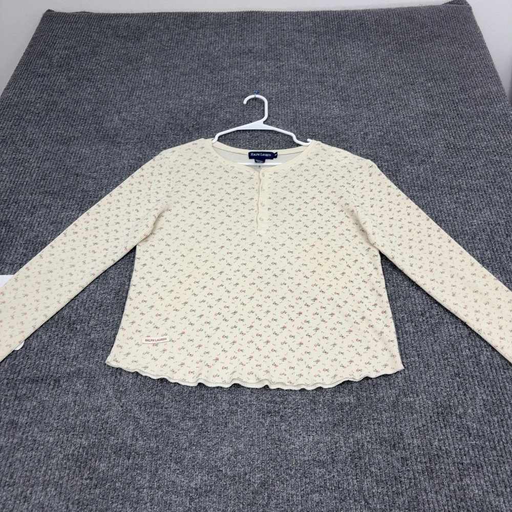 Ralph Lauren Henley Top Womens M Cream Cotton Blend Floral Thermal Henley Casual